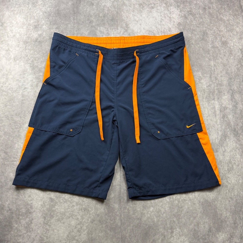 Nike Mens Athletic Shorts XL Navy Blue Orange Colorblock Drawstring Basketball